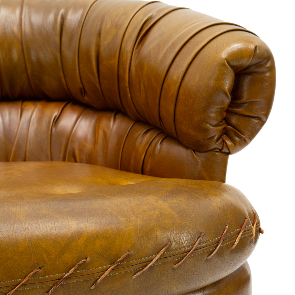Pair of Vintage Tan Leather Tufted Barrel Armchairs