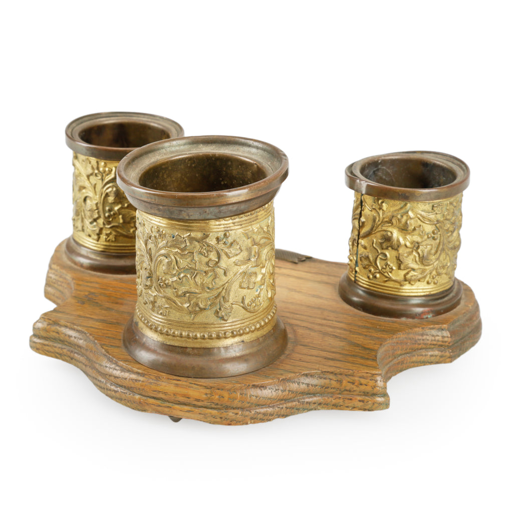 Ornate Brass & Wood Triple Inkwell Holder