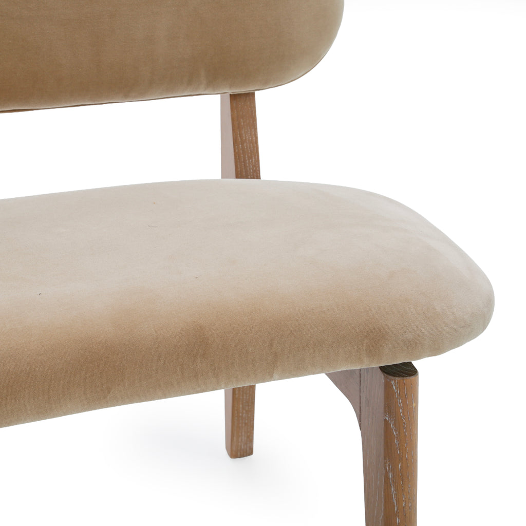 Tan Upholstered Curved Wood Dining Bench