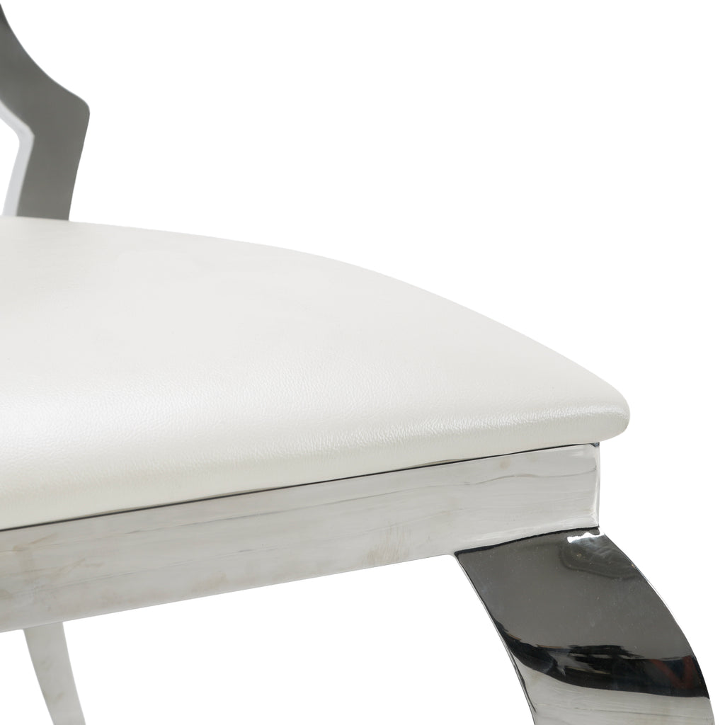 White Leather and Chrome Oval Back Ornate Dining Chair