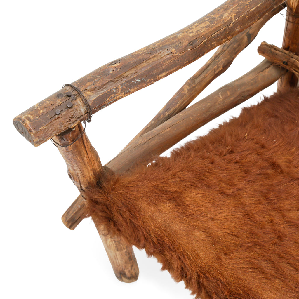 Raw Wood Armchair with Brown Animal Hide Fur