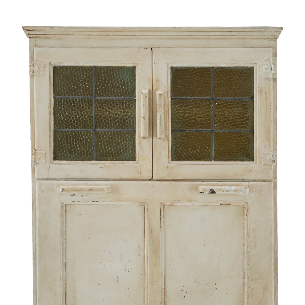 Distressed Cream Wood Hutch with Textured Glass Doors