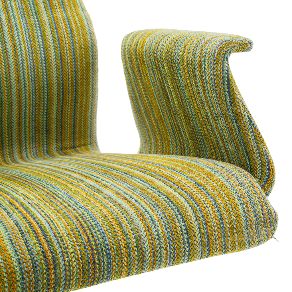Mustard Yellow, Teal, and Gray Striped Upholstered High-Back Armchair