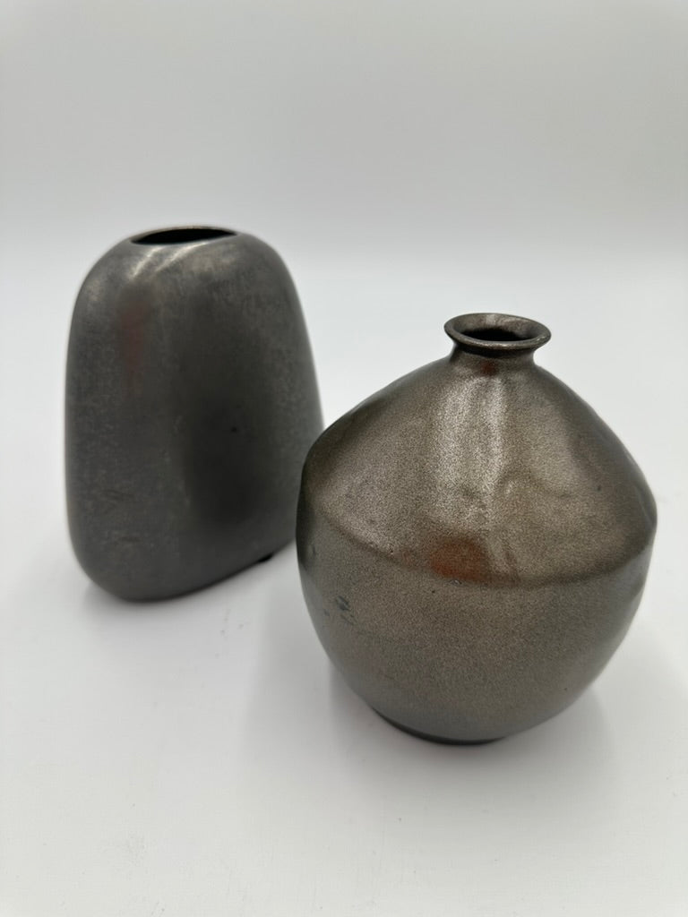 Dark Bronze Textured Ceramic Vases Set (Rounded Rectangular & Squat Round)