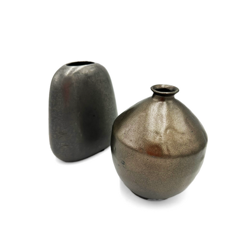 Dark Bronze Textured Ceramic Vases Set (Rounded Rectangular & Squat Round)