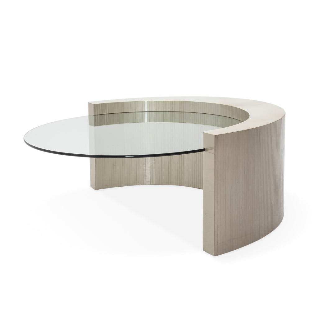 Light Gray Fluted Curved Wood and Round Glass Coffee Table
