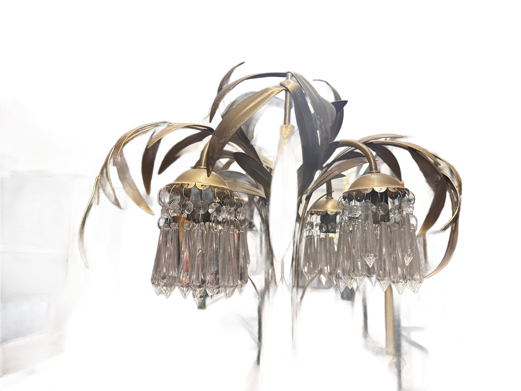 Brass Palm Frond & Crystal Chandelier-Style Floor Lamp
