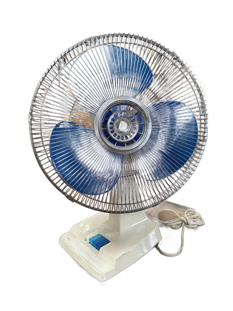 Vintage Off-White Plastic and Chrome Desk Fan with Blue Blades