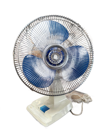 Vintage Off-White Plastic and Chrome Desk Fan with Blue Blades