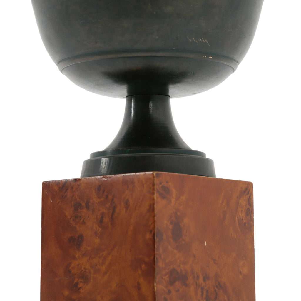 Dark Metal Urn on Wood Pedestal
