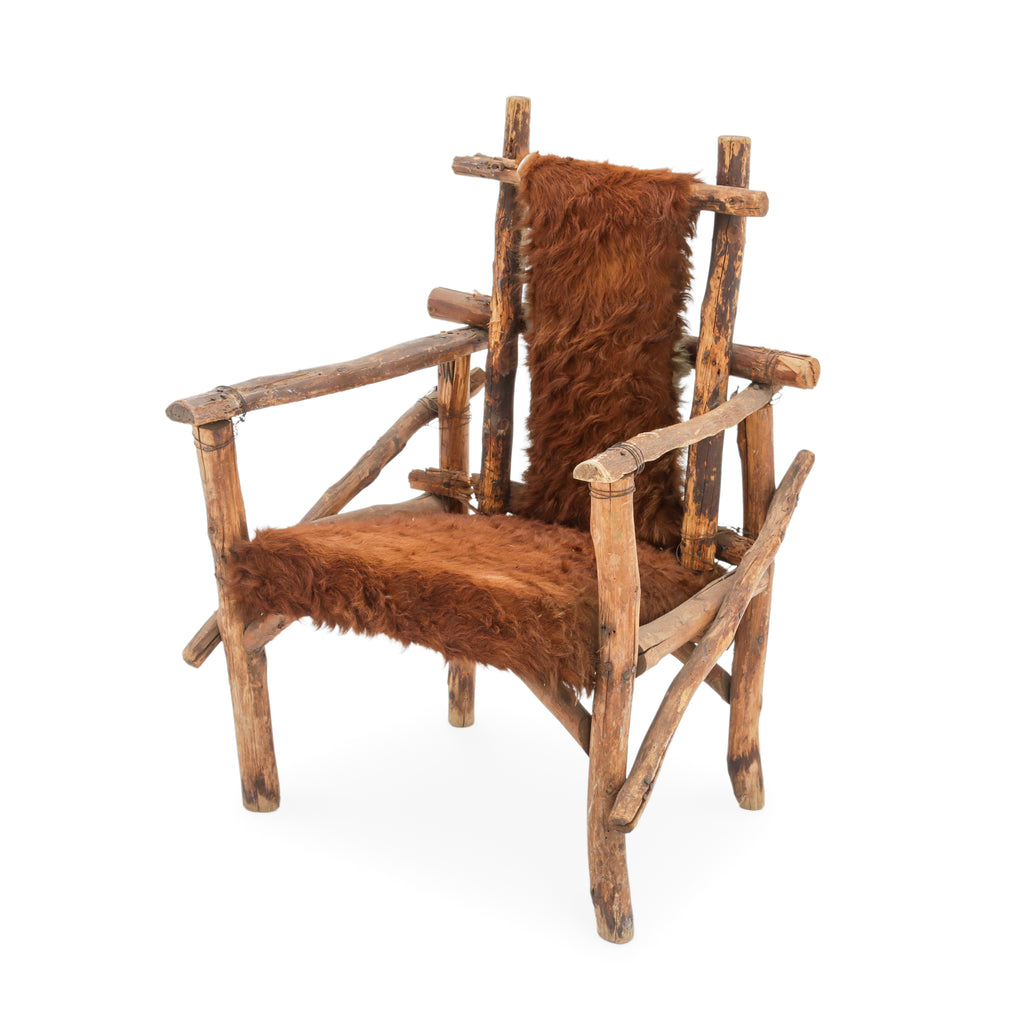 Raw Wood Armchair with Brown Animal Hide Fur