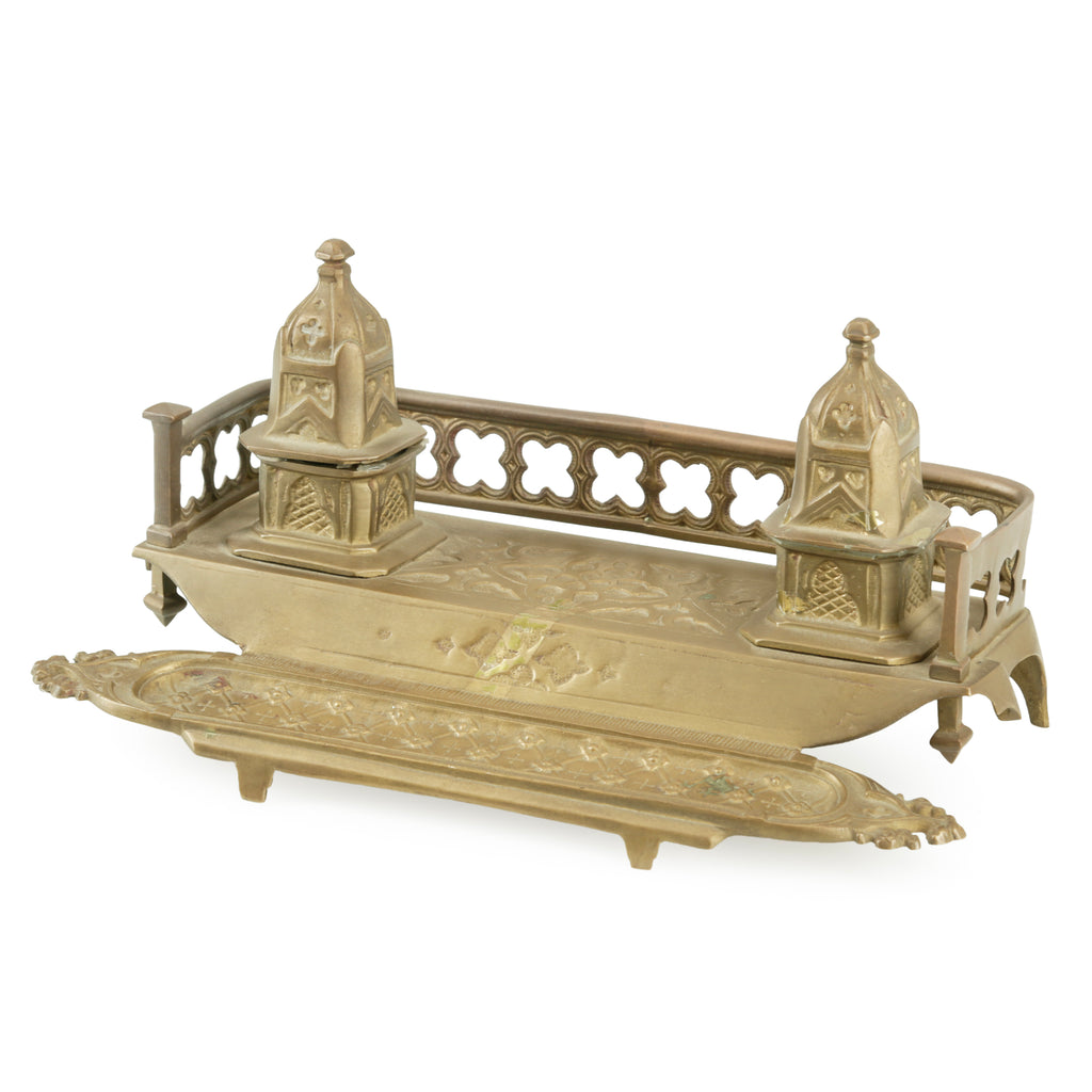Brass Gothic Revival Double Inkwell