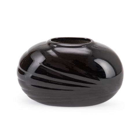 Glossy Black Ceramic Oval Vase with Ribbed Texture
