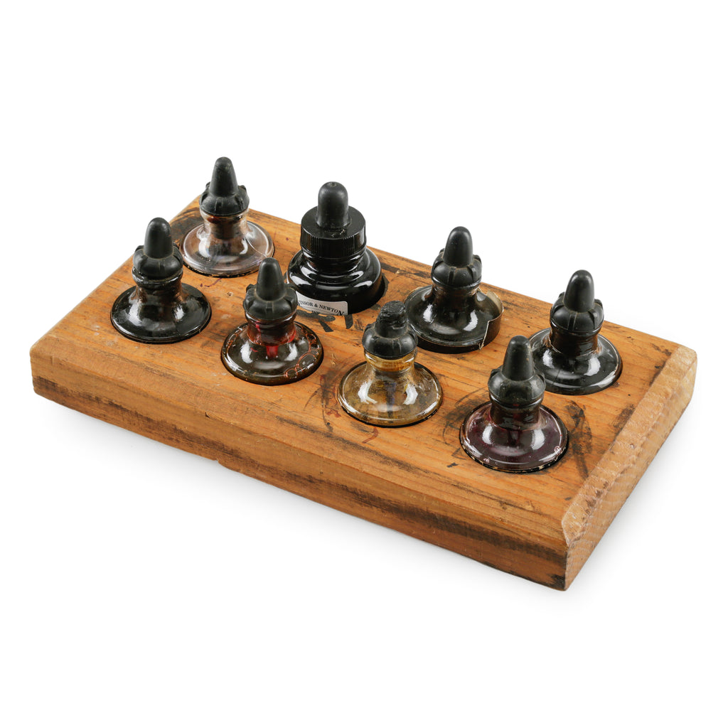 Wooden Tray with Assorted Ink Bottles