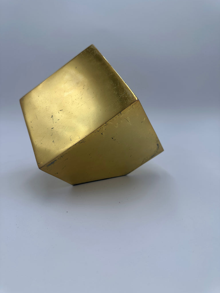 Distressed Golden Brass Geometric Cube Sculpture