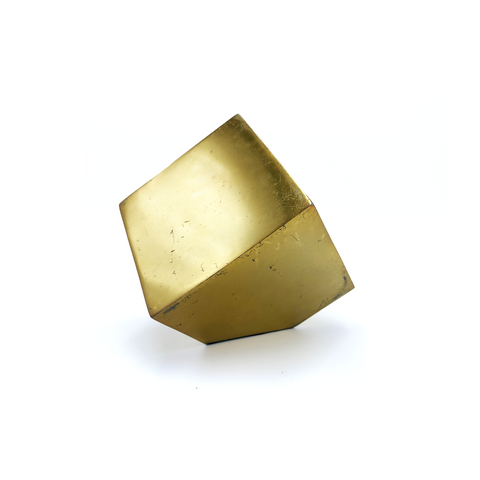 Distressed Golden Brass Geometric Cube Sculpture
