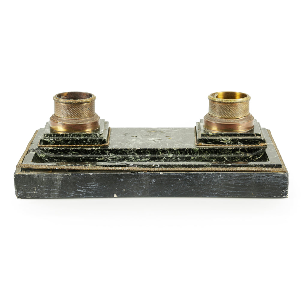 Dark Green Marble and Brass Double Inkwell Stand
