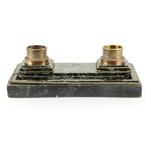 Dark Green Marble and Brass Double Inkwell Stand