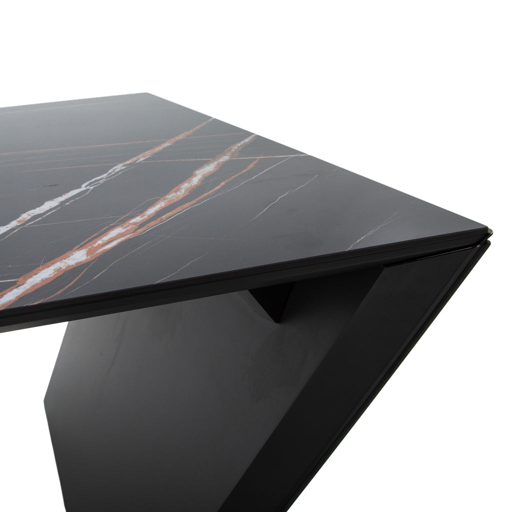 Modern Black Ceramic Top Coffee Table with Angled Metal Legs and Storage Drawer