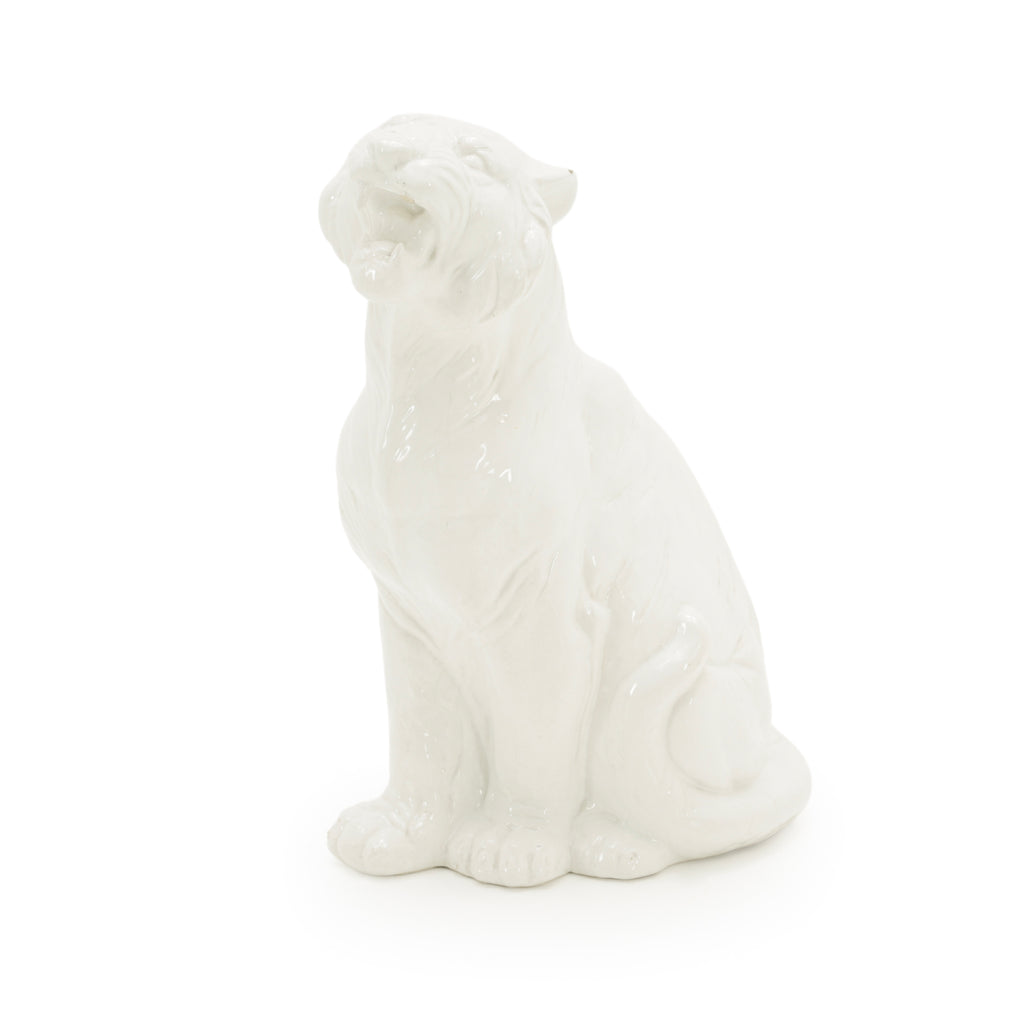 Glossy White Ceramic Roaring Tiger Statue
