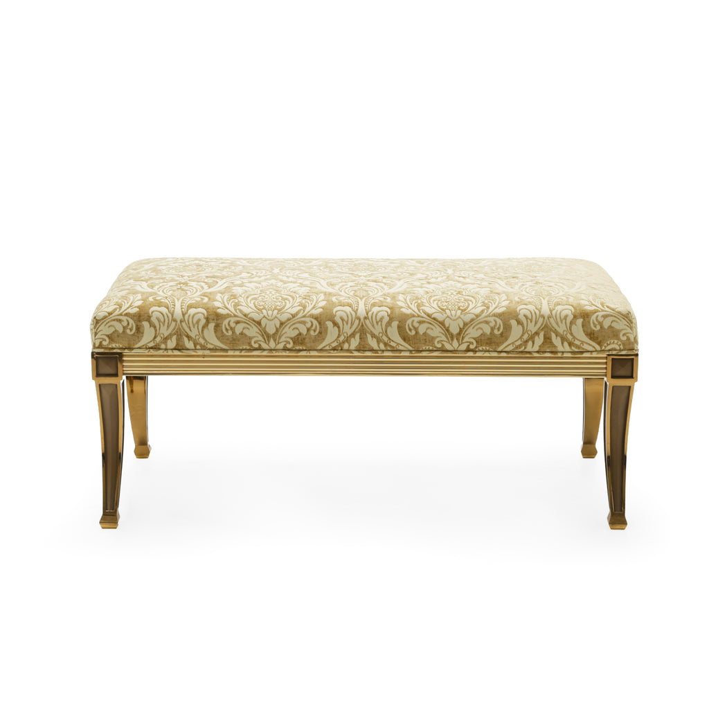 Golden Upholstered Wood and Brass Accent Bench