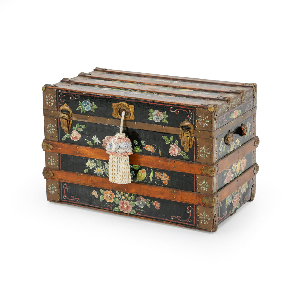 Black Wooden Trunk with Hand-Painted Floral Motifs and Brass Hardware