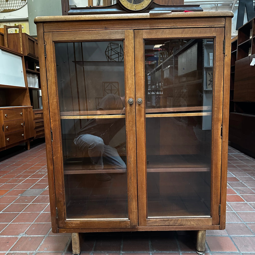 Wood and Glass Display Hutch with Rounded Top and Turned Legs
