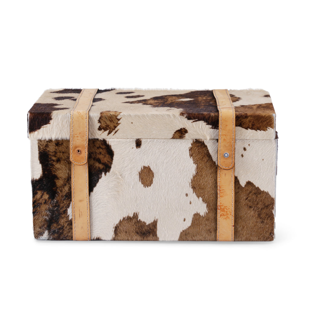 White and Brown Cowhide Leather Storage Trunk