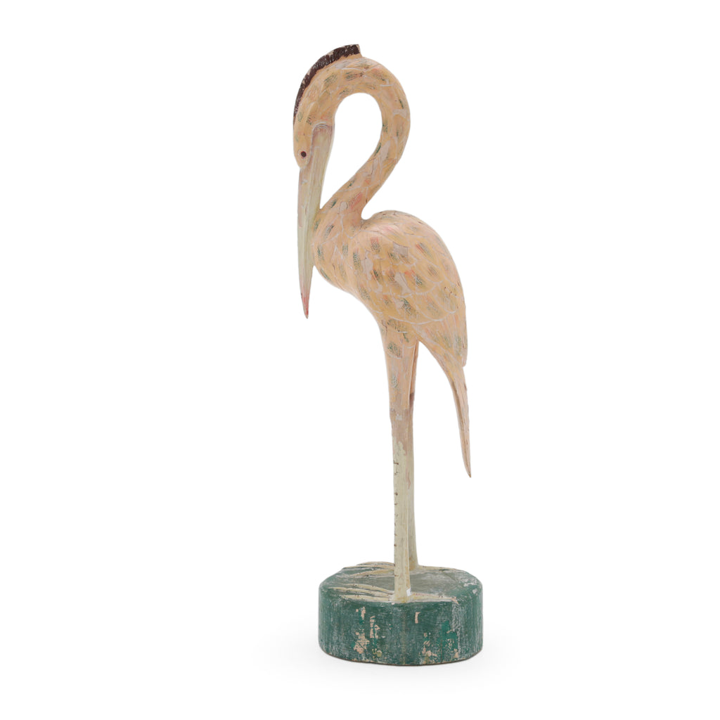 Pale Pink and Teal Wood Carved Heron