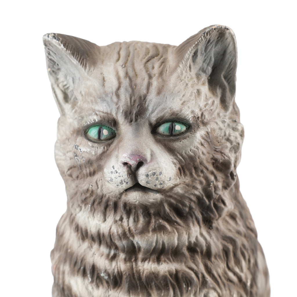 Gray Striped Cat Figurine with Green Eyes