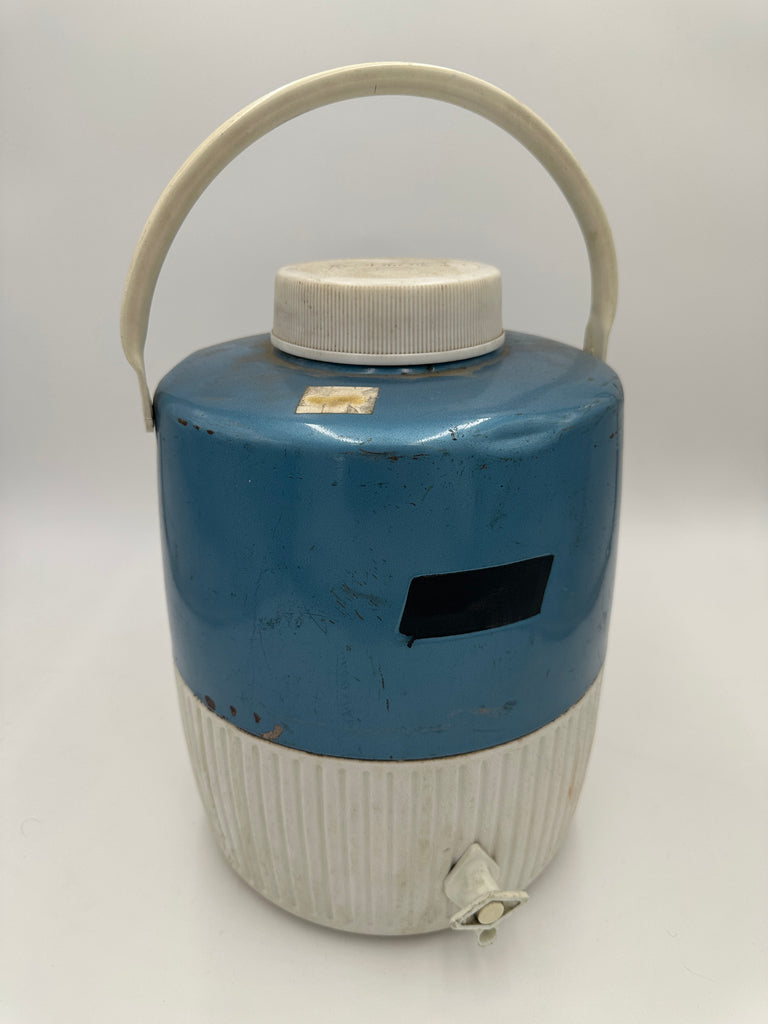 Vintage Teal Blue and Off-White Enameled Metal Insulated Water Cooler Jug with Spigot