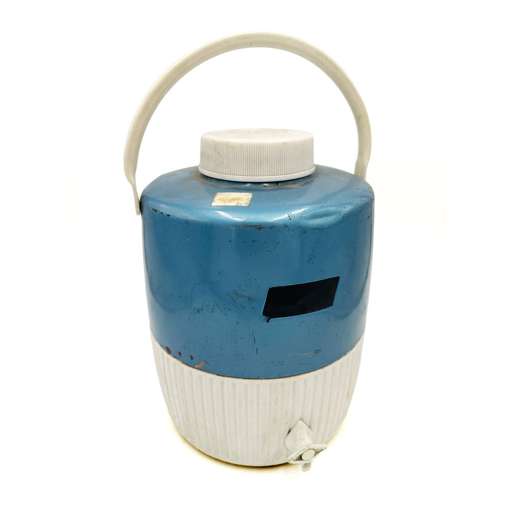 Vintage Teal Blue and Off-White Enameled Metal Insulated Water Cooler Jug with Spigot