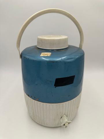 Vintage Teal Blue and Off-White Enameled Metal Insulated Water Cooler Jug with Spigot