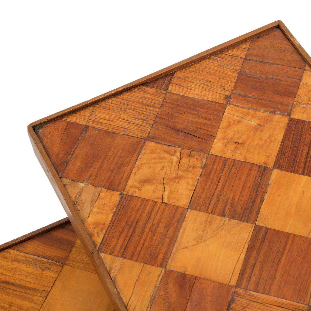 Modern Tiered Wood Inlaid End Tables with Hairpin Legs
