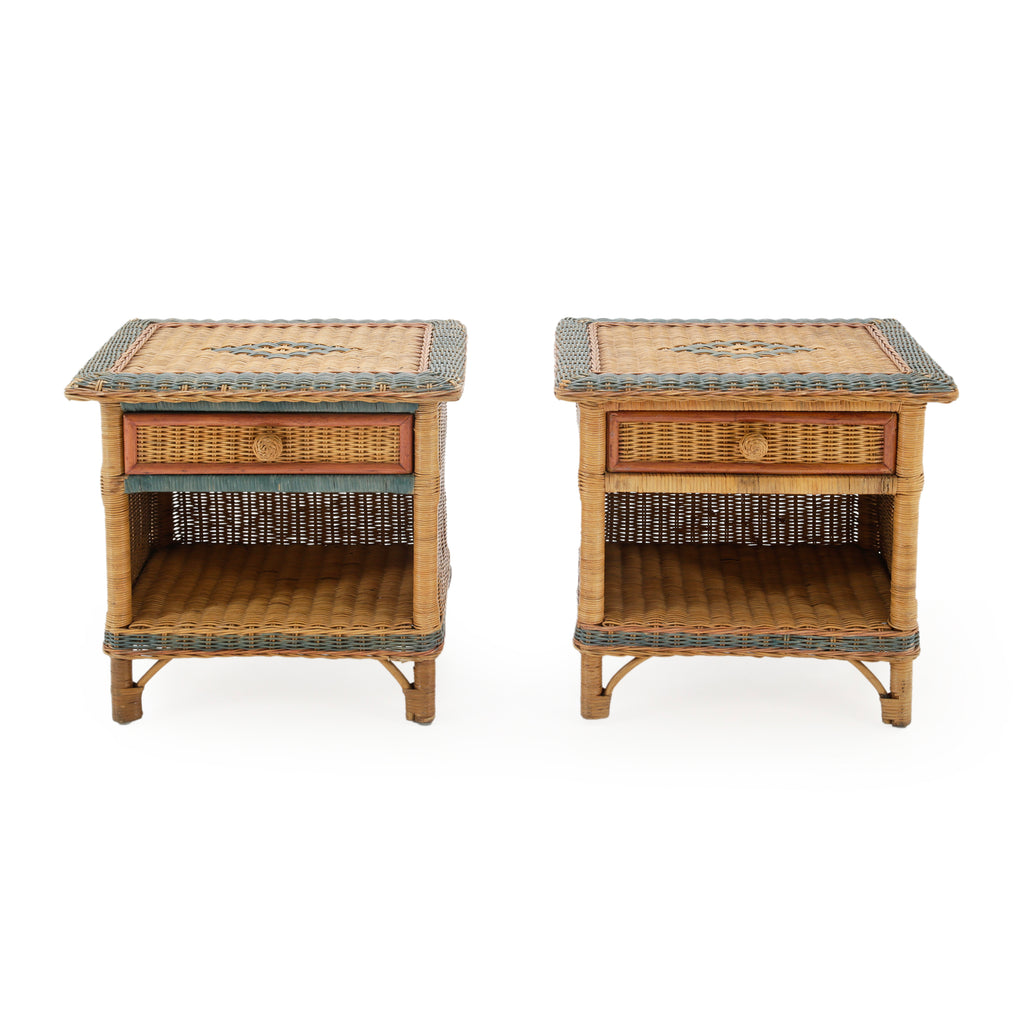 Rattan Square End Tables with Sage Green Accents