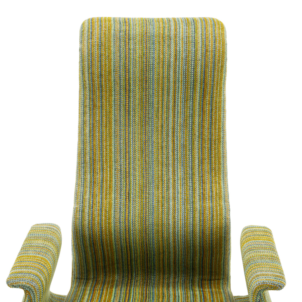 Mustard Yellow, Teal, and Gray Striped Upholstered High-Back Armchair