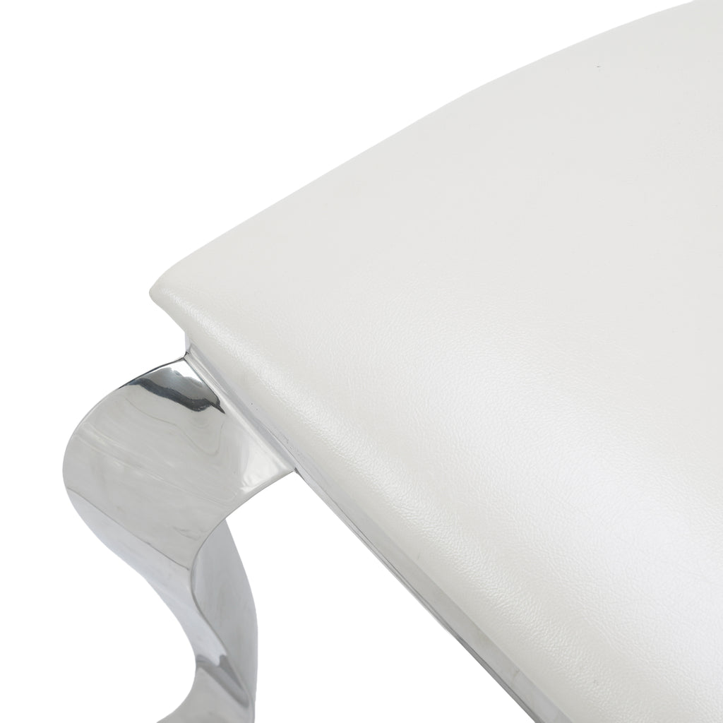 White Leather and Chrome Oval Back Ornate Dining Chair