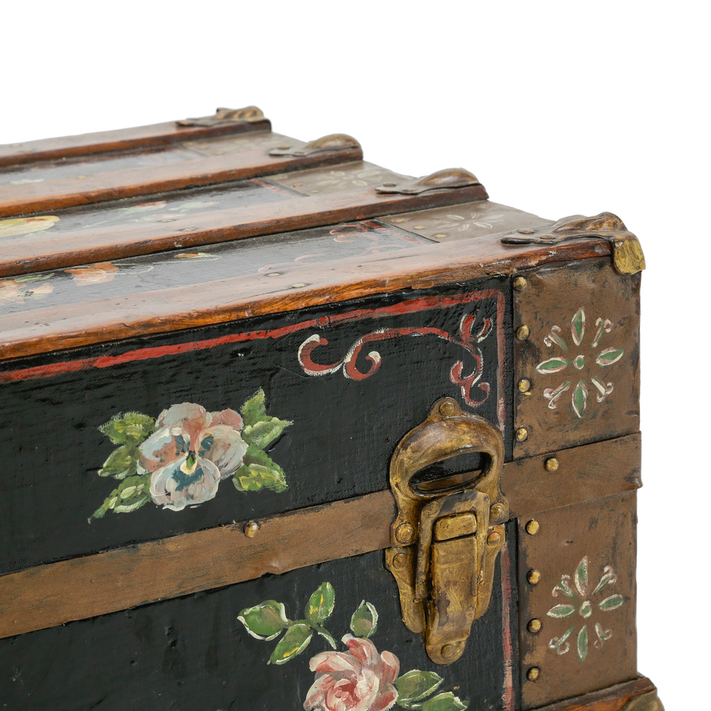 Black Wooden Trunk with Hand-Painted Floral Motifs and Brass Hardware