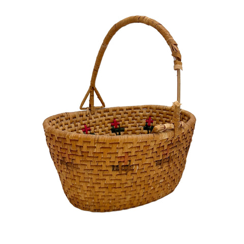 Tan Woven Basket with Red & Green Embroidered Accents