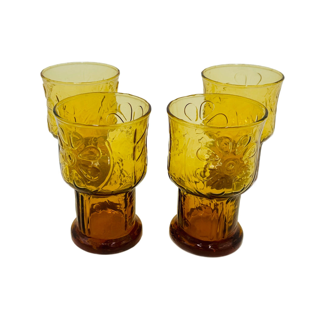 Set of 4 Amber Embossed Short Drinking Glass with Floral Design