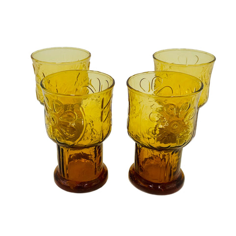 Set of 4 Amber Embossed Short Drinking Glass with Floral Design