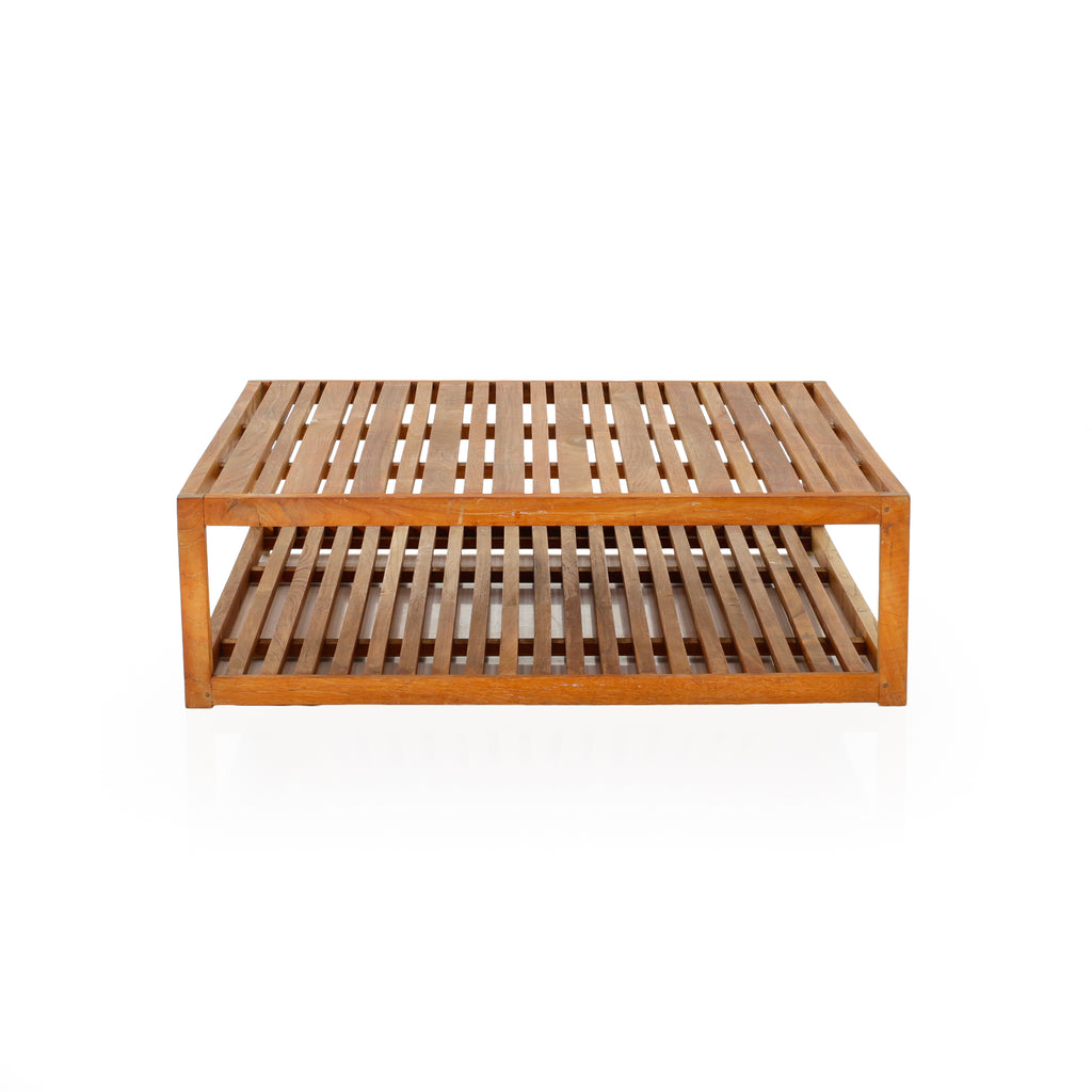 Natural Teak Wood Slatted Two-Tier Coffee Table