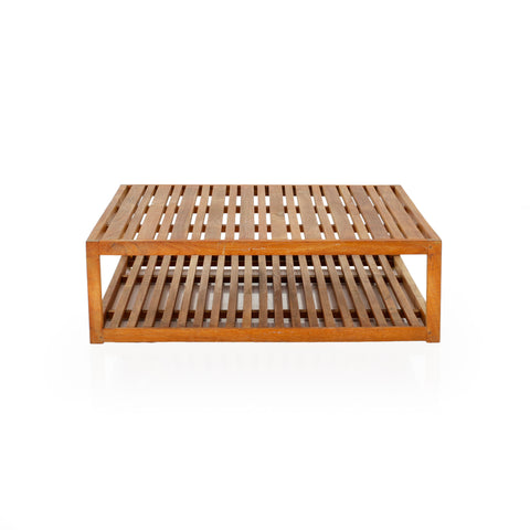 Natural Teak Wood Slatted Two-Tier Coffee Table