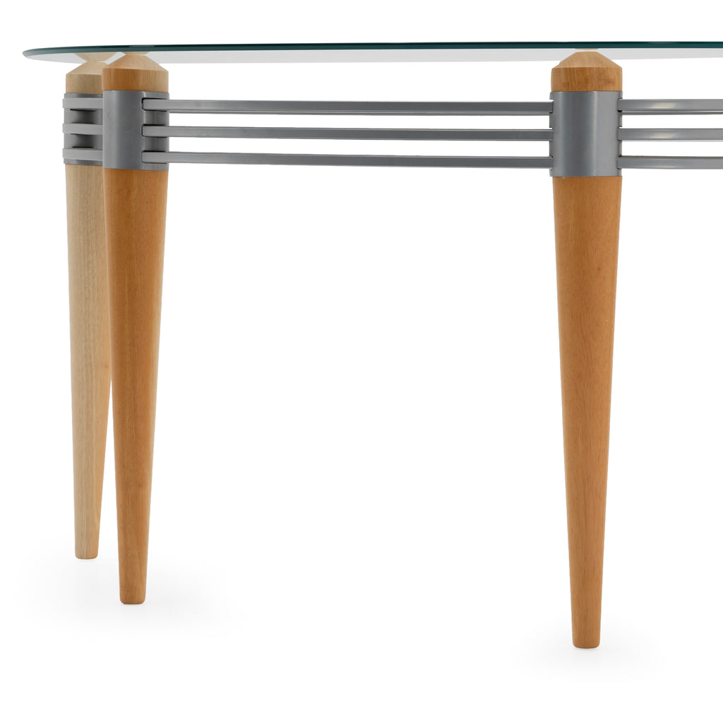 Demi-Lune Clear Glass Console Table with Wood Legs and Metal Accents