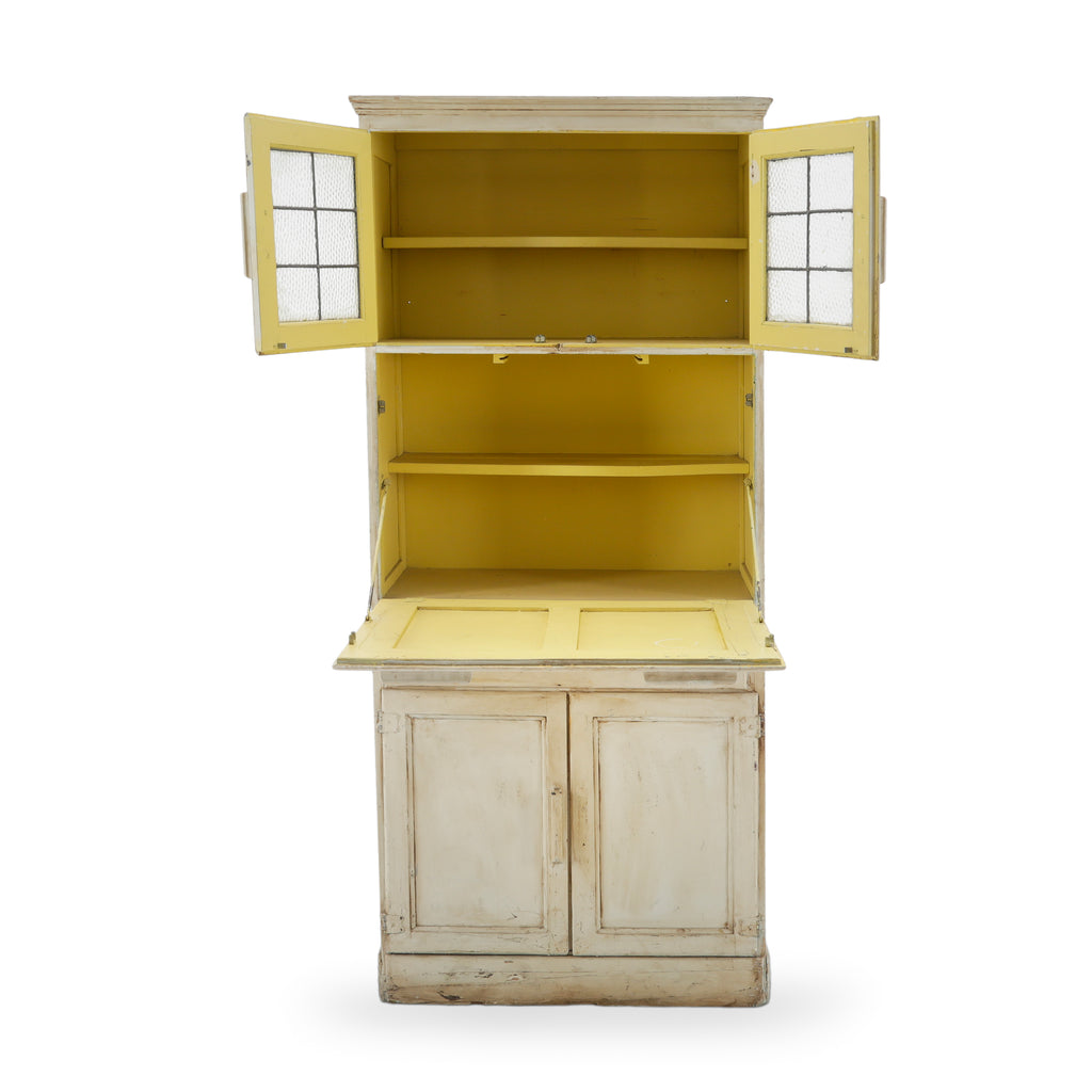 Distressed Cream Wood Hutch with Textured Glass Doors