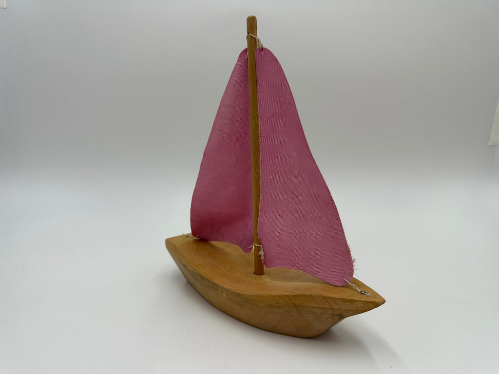 Wood Decorative Sailboat with Fuchsia Pink Fabric Sails