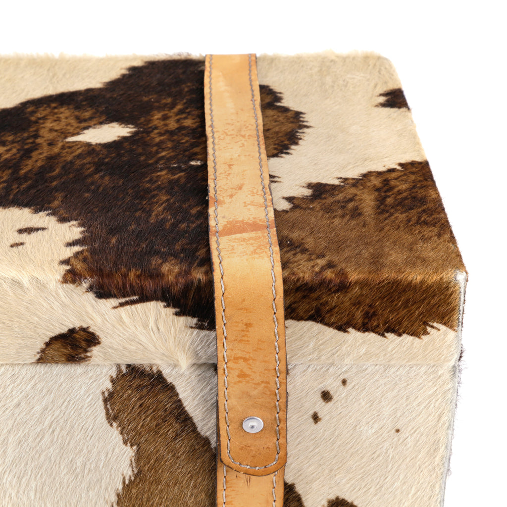 White and Brown Cowhide Leather Storage Trunk