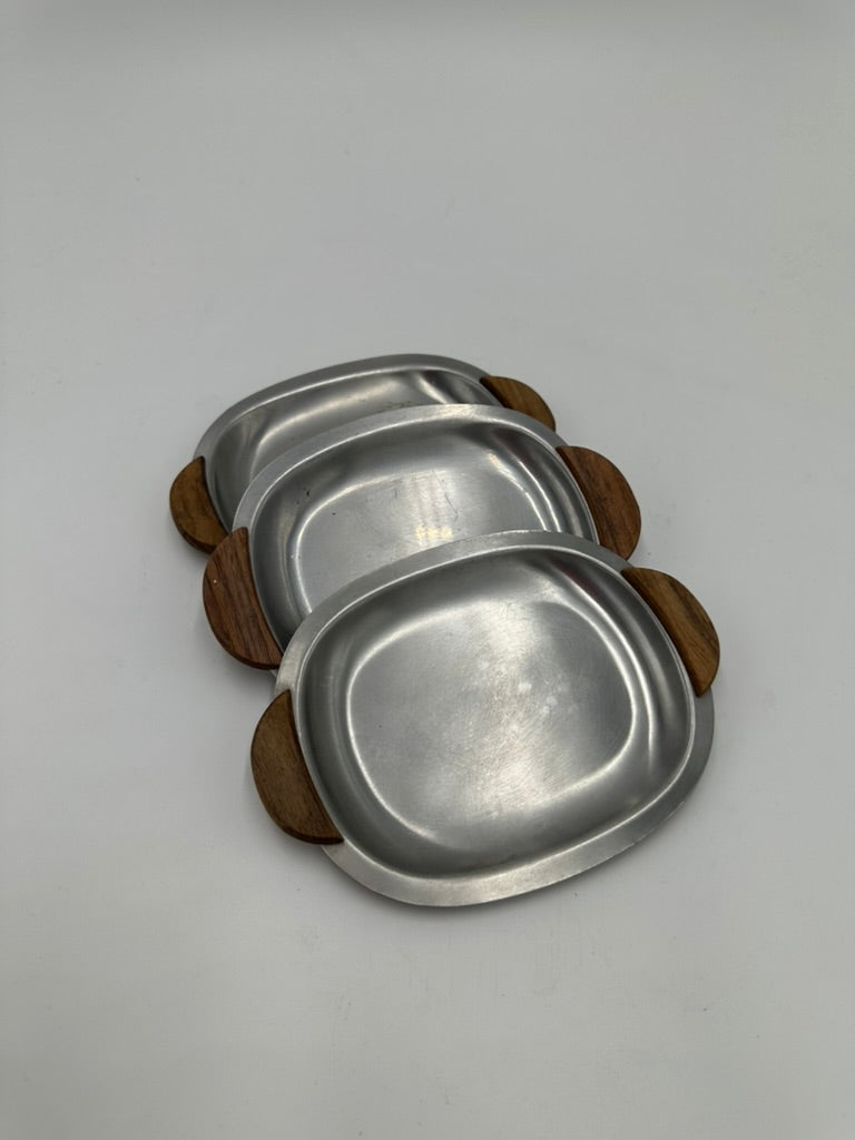 Set of Three Small Brushed Silver Metal Dishes