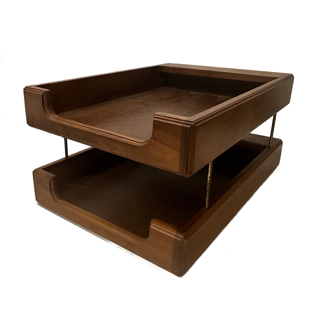 Two-Tier Wood and Brass Desk Paper Tray