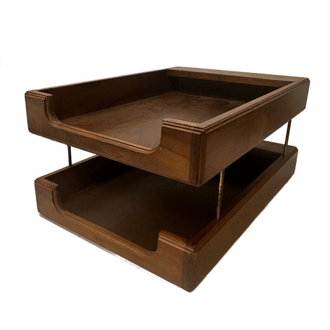 Two-Tier Wood and Brass Desk Paper Tray
